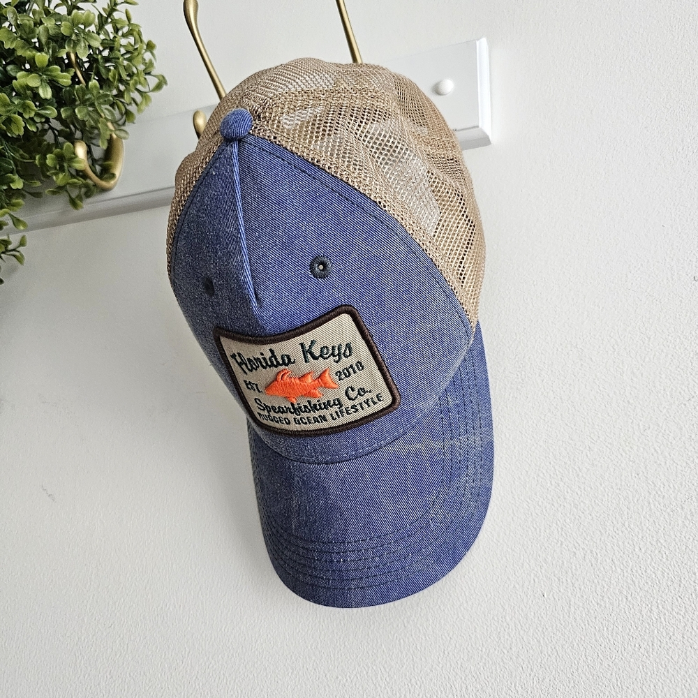 Florida Keys Spearfishing Co. Trucker Hat by Legacy – Blue & Tan Unisex Mesh Cap